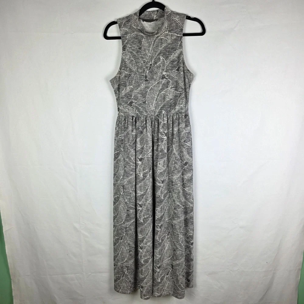 Sunday in Brooklyn Anthropologie Grey Leaf Print Mock Neck Maxi Dress Womens S